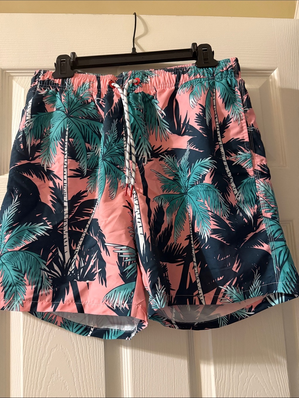 Men's Tropical Palm Print Swim Shorts - Pink & Teal & Navy
